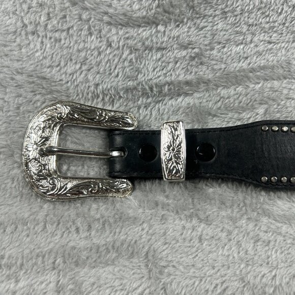 Nocona Belt Size 44 Black Silver Tone Concho's Vintage Leather Western Rodeo - Picture 6 of 8